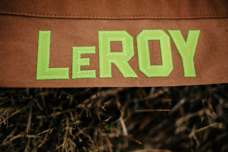 May include: A brown canvas bag with the name "LEROY" stitched in green thread.