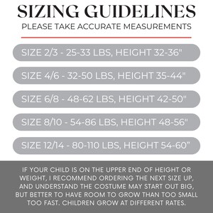 May include: Sizing guidelines for children's clothing with weight and height ranges in pounds and inches.  Size 2/3 - 25-33 lbs, height 32-36 inches. Size 4/6 - 32-50 lbs, height 35-44 inches. Size 6/8 - 48-62 lbs, height 42-50 inches. Size 8/10 - 54-86 lbs, height 48-56 inches. Size 12/14 - 80-110 lbs, height 54-60 inches.