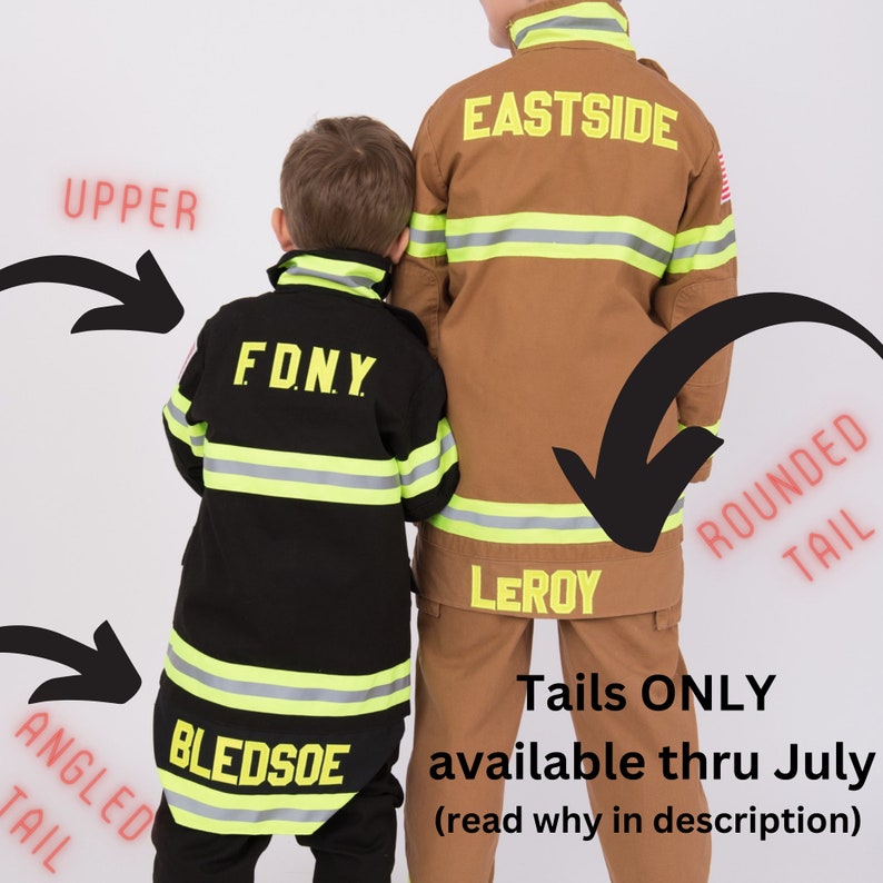 May include: Two black and yellow firefighter jackets with the text "FDNY", "EASTSIDE", "LEROY", and "BLEDSOE" on the back. The jackets have a rounded tail and an angled tail.