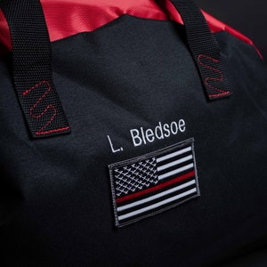 Firefighter Bag | Travel Bag | Overnight Bag | Embroidered Bag w/ name above a Thin Red Line Flag | Unique Bag | Perfect Firefighter Gift