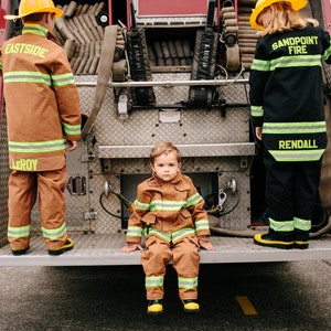 Authentic Kids Firefighter Costume PERSONALIZED w/ Appliqué (just like the real turnouts). Best Kid&#39;s Halloween Costume! No tails right now.