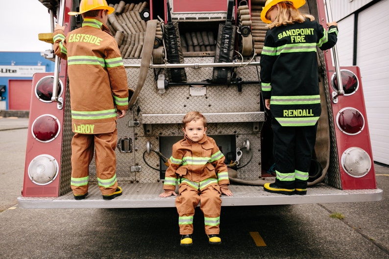 Authentic Kids Firefighter Costume PERSONALIZED with Appliqué just like the real turnouts No iron-on vinyl Best Kid's Halloween Costume image 1