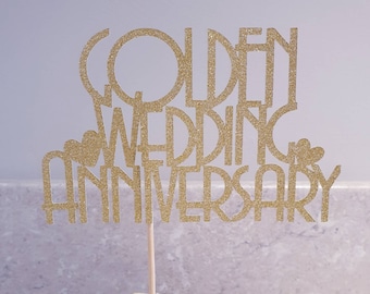 Golden Glitter 50th Wedding Anniversary Cake Topper
