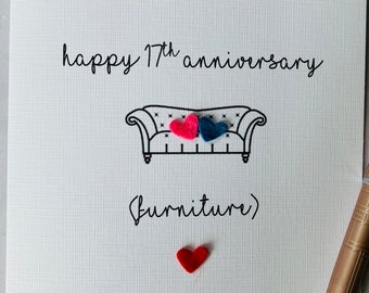 17th Anniversary Card: Sofa & Felt Hearts, Furniture Anniversary