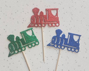 Glitter Train Cake Toppers: Red, Green, Blue Cupcake Decorations