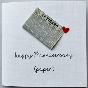 Tarjeta del 1er aniversario de boda, tarjeta de aniversario en papel (periódico)