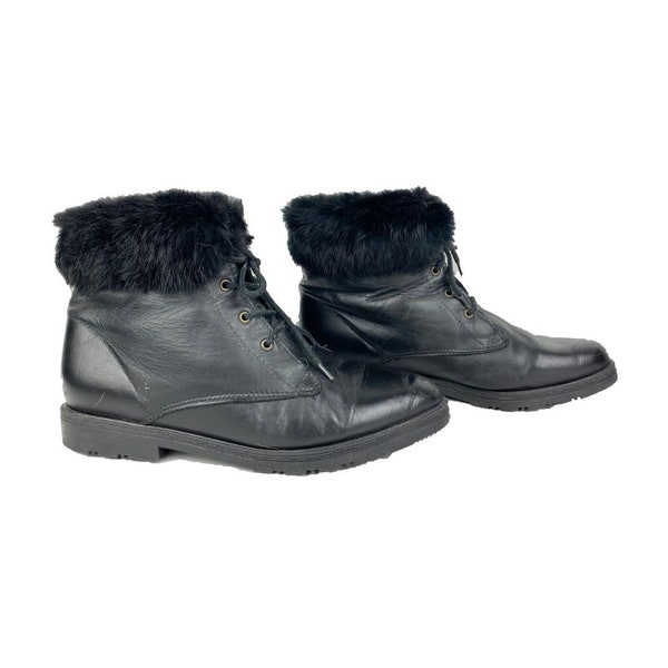 Black Ankle Boots | 80's Fur Leather Lace Up Ankle Boots