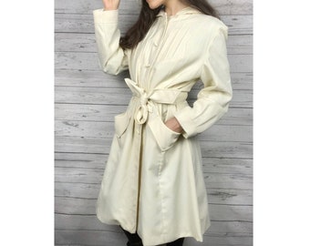 Vintage Coat, 40's Clothing, Over Coat, Off White, Hooded, Pockets, Weather Coat, Rain Coat, Trench Coat | Sears, Womens, Mod Coat