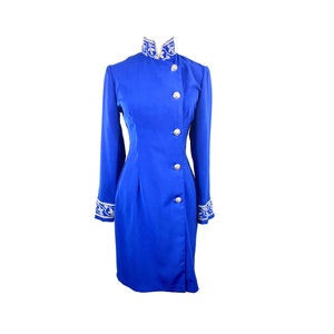 Vintage Long Coat | 80&#39;s Clothing, Lew Magram,Long Coat | Blue Coat, Embroidered, Band Neck, Military Style, Vintage Clothing Coat, Size 6
