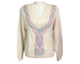 Maglione a maglia a cavo anni '80 / Maglione vintage con scollo a V in maglia