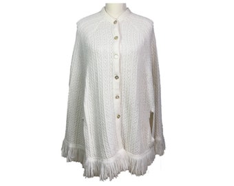 Vintage Fringed Mantle Cape Poncho 60s Cape Off White, Vintage Clothing, Off White, Poncho, Cable Knit, Button Up, Fringes, One Size, Womens