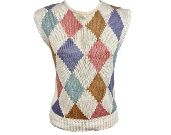 Vintage Sweater Vest 90's Geometric Knit Vest Ribbed NeckLine and Hem Size Small, Silk & Acrylic