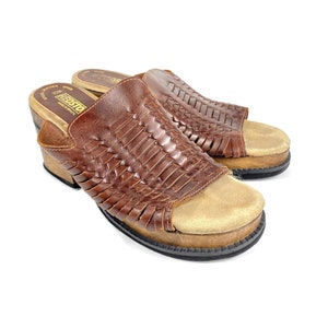 Vintage Shoes, Huarache Style Sandals, Wedge Sandals, Size 10, Brown Leather, 90&#39;s, Square Toe, Redstone Sandals, Vintage Wedges, boho chic