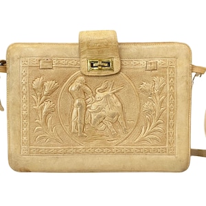 60s Tooled Leather Satchel with Mayan Calendar, Handmade Leather Tooled Purse