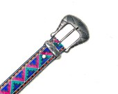 80 39 s Retro Southwestern Belt Vintage Aztec Print Cloth Leather Belt Western Silver Buckle Vintage Nuovo 1 Vintage Western Cinch Waist Belt