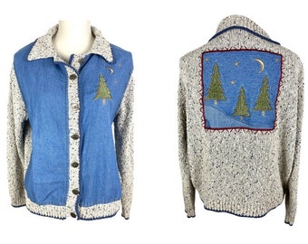 Vintage Cardigan Sweater | Outdoor Themed Sweater Cardigan | Blue Cardigan Vintage Clothing Light Jacket Boho Cabin