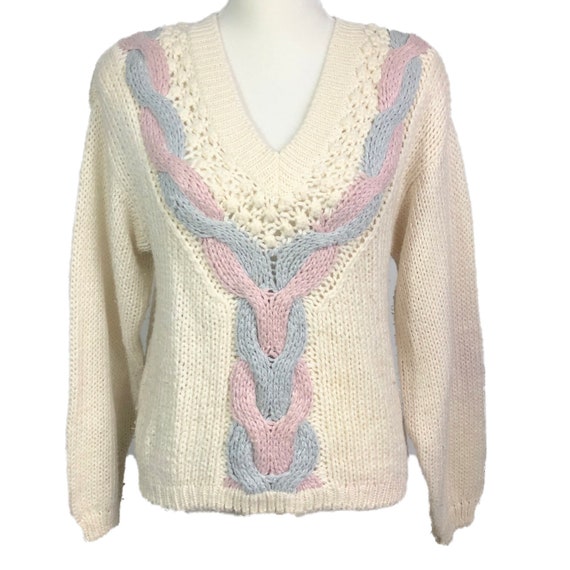80's Cable Knit Sweater | Vintage Knit V Neck Swe… - image 2