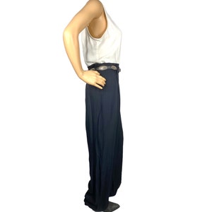 Vintage Clothing Jumpsuit Black white Sleeveless Romper High Waist Belt Loops, Size 14L Zipper Back, 80's Long Pant Jumpsuit image 4