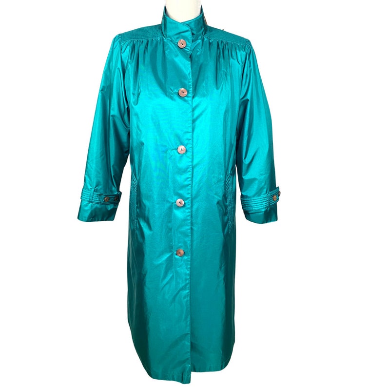 Vintage Trench Rain Coat Dark Teal Neon Teal Button Up Women's Coats & Jackets Vintage Clothing Long Weather Coat Puffer Coat Teal Blue image 3