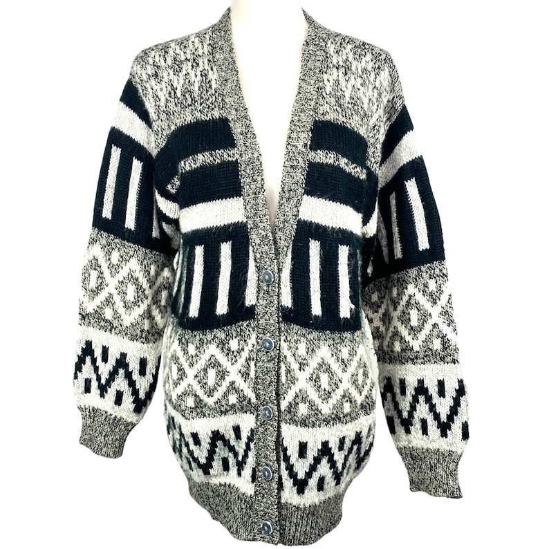 Vintage Cardigan Sweater 80's Southwestern Print Diversity Brand Button Up V Neck Cardigan Black Gray White Size M image 2