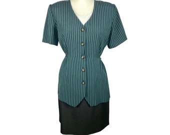 Vintage Clothing Dress Pin Striped, Green Black 2 Pc Attached, V Neck, Waist Tie Belt, High Waisted, Black Skirt, Dress for Women