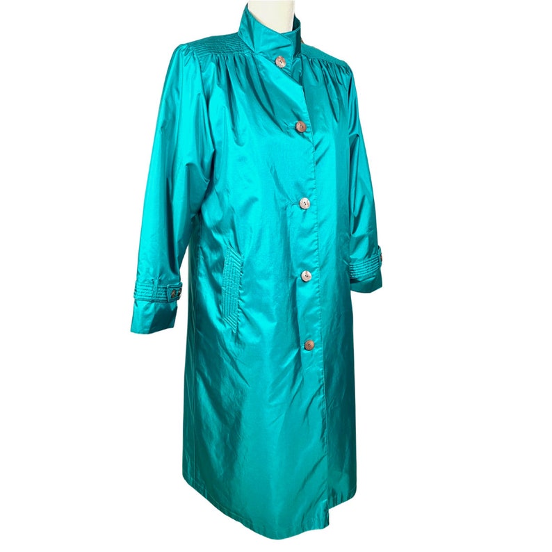 Vintage Trench Rain Coat Dark Teal Neon Teal Button Up Women's Coats & Jackets Vintage Clothing Long Weather Coat Puffer Coat Teal Blue image 2