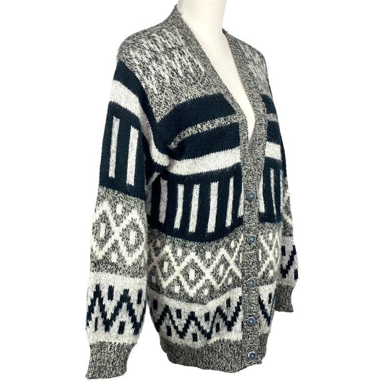 Vintage Cardigan Sweater 80's Southwestern Print Diversity Brand Button Up V Neck Cardigan Black Gray White Size M image 5