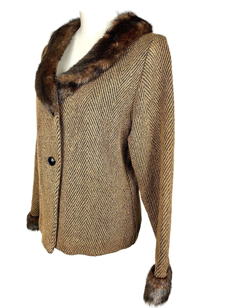 Vintage Faux Fur Collared Jacket 90's Lightweight Blazer Jacket Womens Faux Fur Coat Cropped Formal Jacket Herringbone Size Medium image 3