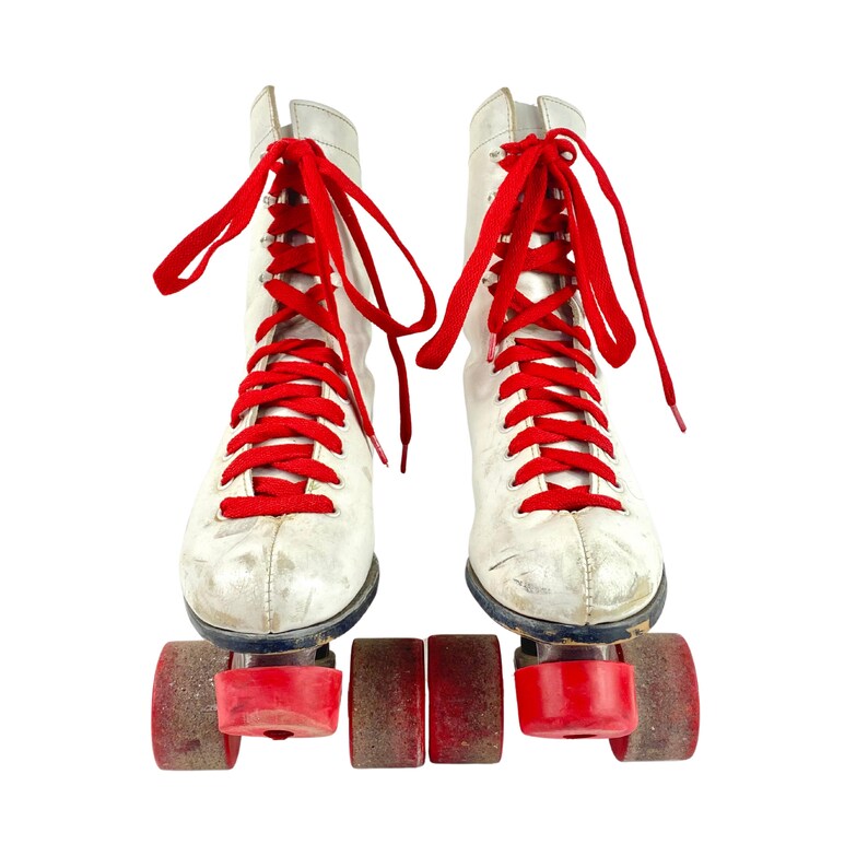 Vintage Leather Roller Skates Chicago Size 7 Lace Up Skates, White Leather Red Laces 1970's image 5