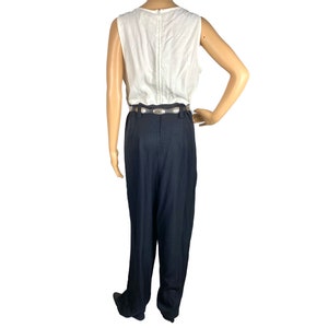 Vintage Clothing Jumpsuit Black white Sleeveless Romper High Waist Belt Loops, Size 14L Zipper Back, 80's Long Pant Jumpsuit image 7