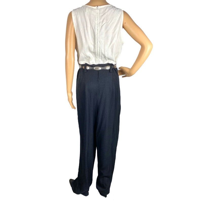 Vintage Clothing Jumpsuit Black white Sleeveless Romper High Waist Belt Loops, Size 14L Zipper Back, 80's Long Pant Jumpsuit image 7