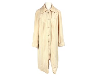 Vintage Duster Coat Button Up Beige Lined Striped Lining Collared Single Breasted Pockets Women's Winter Coat