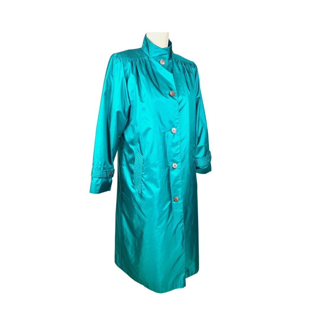Vintage Trench Rain Coat Dark Teal Neon Teal Button up - Etsy