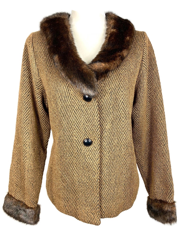 Vintage Faux Fur Collared Jacket 90's Lightweight Blazer Jacket Womens Faux Fur Coat Cropped Formal Jacket Herringbone Size Medium image 2