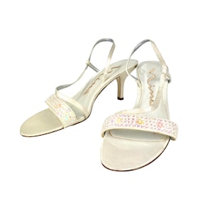 1970&#39;s Nina Dance Wedding Heels Vintage Heels Off White Pink Translucent Sequins Size 7.5