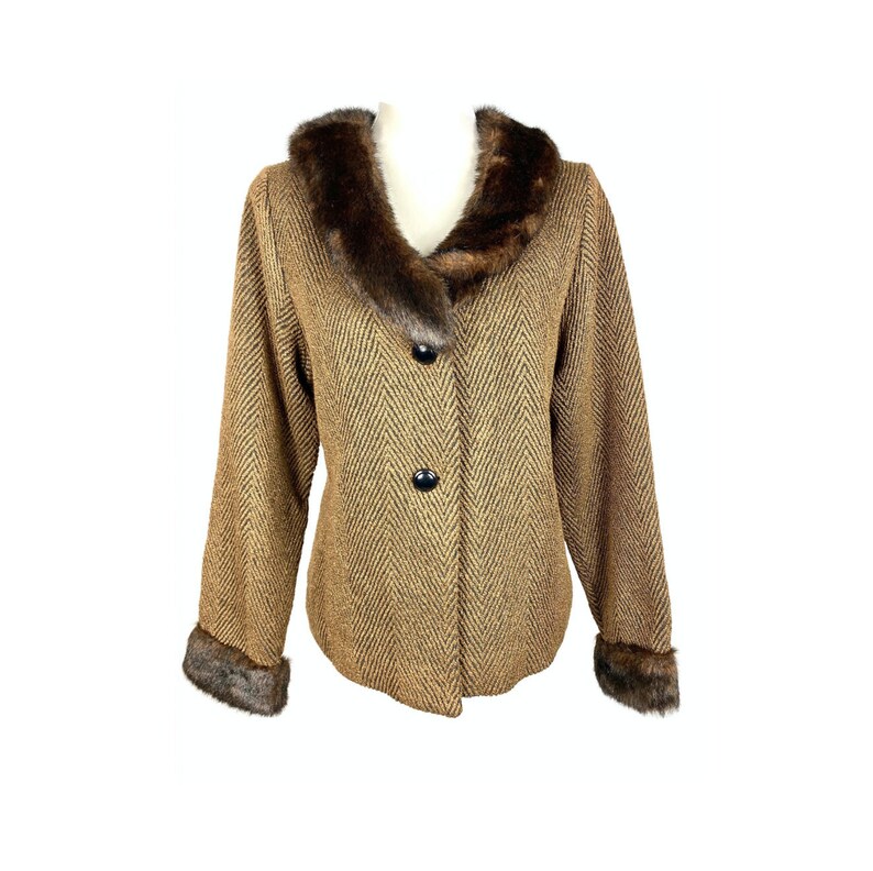 Vintage Faux Fur Collared Jacket 90's Lightweight Blazer Jacket Womens Faux Fur Coat Cropped Formal Jacket Herringbone Size Medium image 1