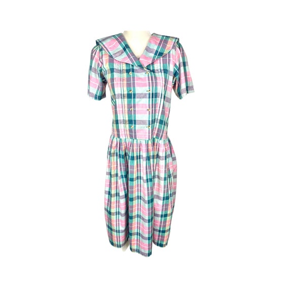 Vintage Dress Pastel Plaid Shirtwaist Dress with … - image 1