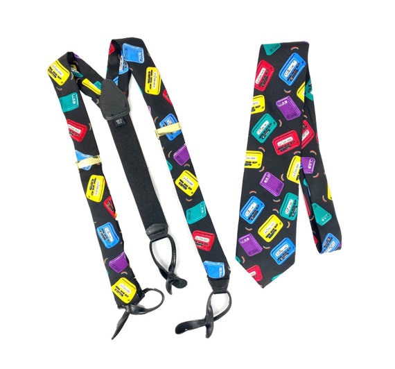 Vintage Suspenders & Tie, 80's Fashion, Pager Them