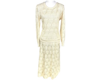 Vintage Bohemian Dress Tour Time Knitted Lace Dress 60's,70's Beige Knitted Long Sleeve Dress Ankle Length Fits like a Small Acrylic & Nylon