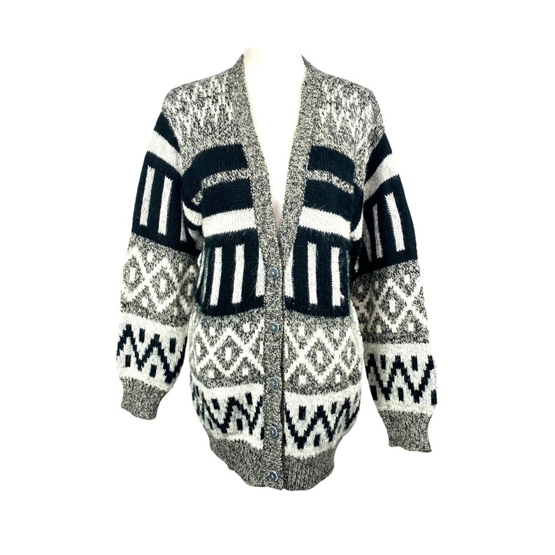 Vintage Cardigan Sweater 80's Southwestern Print Diversity Brand Button Up V Neck Cardigan Black Gray White Size M image 1