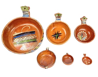 40's Set of Six Vintage Tlaquepaque Tonala Nesting Bowls with Handles, Wall Hanging Mexican Pottery Folk Art, Rustic Home Farmhouse Decor