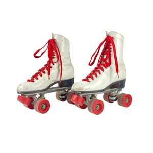 Vintage Leder Rollschuhe Chicago Gr. 7 Lace Up Skates, Weiße Leder rote Schnürsenkel 1970er