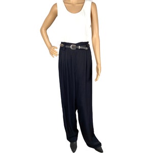 Vintage Clothing Jumpsuit Black white Sleeveless Romper High Waist Belt Loops, Size 14L Zipper Back, 80's Long Pant Jumpsuit image 2