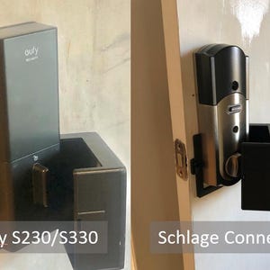 May include: Two smart door locks are shown, the Eufy S230/S330 and the Schlage Connect, both mounted on doors. The Eufy lock is black with the brand name visible. The Schlage lock is silver and black. Both are installed with black mounting hardware.