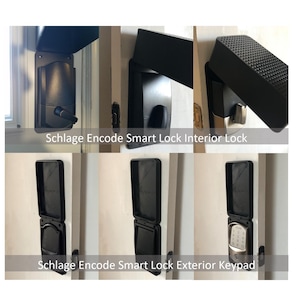 Puede incluir: Una cerradura inteligente Schlage Encode con cerrojo interior y teclado exterior en varias vistas. El cerrojo interior tiene una carcasa negra con un pestillo giratorio. El teclado exterior tiene una cubierta protectora negra y una interfaz numérica plateada.