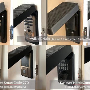 May include: A collection of eight Kwikset smart locks, including Aura, Halo, SmartCode 270, and HomeConnect 620 models. Each lock is shown with a protective cover, featuring various keypad and touchscreen interfaces in black and silver finishes.