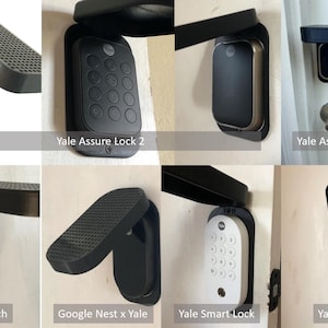 May include: A collection of black smart locks, including Yale Assure Lock 2, Yale Assure Lock SL, Yale Touch, Google Nest x Yale, Yale Smart Lock, and Yale Code. Each lock is mounted on a door, showcasing different designs and features.