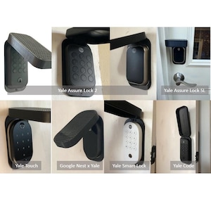 May include: A collection of black protective covers for smart locks, each featuring a hinged lid with a textured surface. The images display various Yale models including Yale Assure Lock 2, Yale Assure Lock SL, Yale Touch, Google Nest x Yale, Yale Smart Lock, and Yale Code.