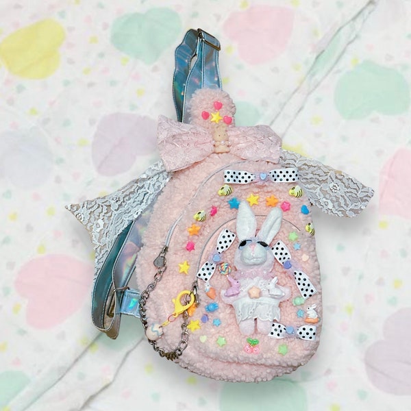 OOAK Upcycled Plush Bunny Decora Fairy Kei fuzzy cross body bag