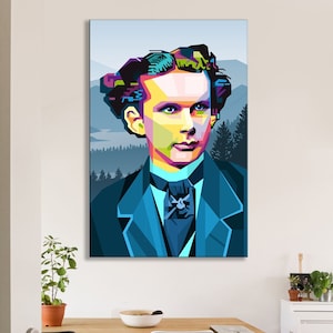 May include: A colourful pop art portrait of a young man with curly hair, wearing a blue suit and a dark tie. The background is a blue and green landscape with mountains and trees.